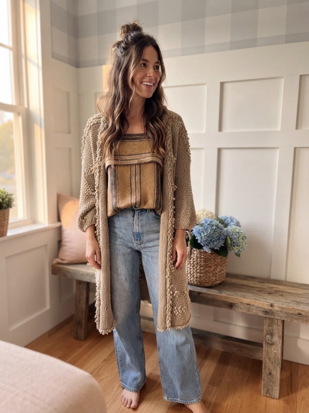 Italian Cozy Taupe Open-Front Knit Cardigan Medium